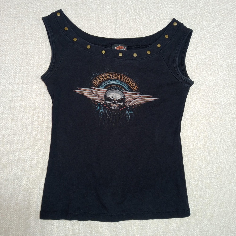 Harley-Davidson Studded Winged Skull Tank Top Womens M Black Visalia CA Biker